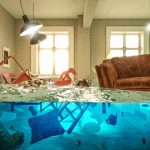 Living room flooded with floating furniture.