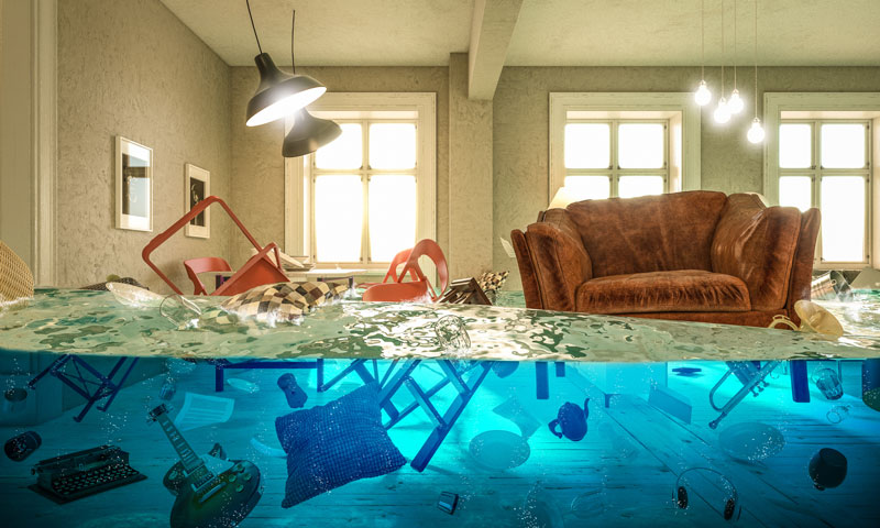 Living room flooded with floating furniture.
